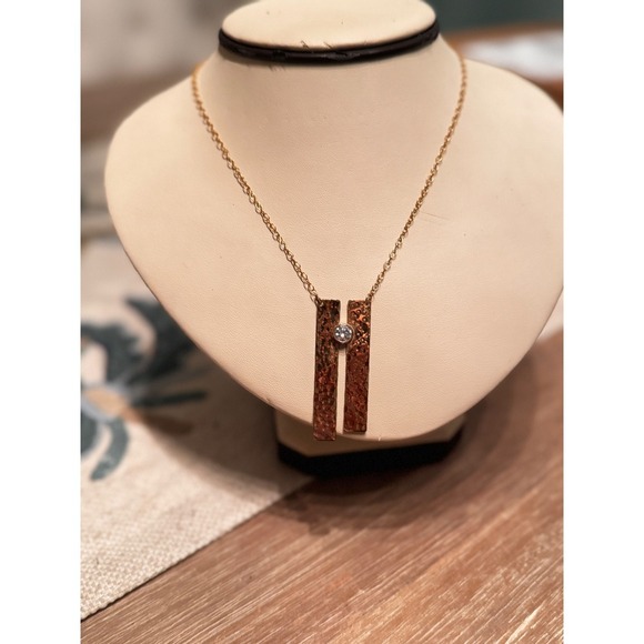 14K Plated Gold Hammered Bar Pendant Necklace with Cubic Zirconia Stone - Picture 3 of 10